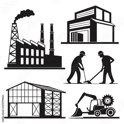 Smoke Stack Factory Icons in Silhouette