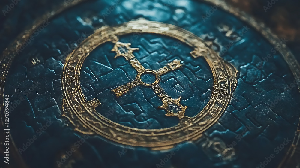 Fototapeta premium Ornamental Symbol in Blue and Gold With Complex Geometric Shapes and Intricate Surface Details
