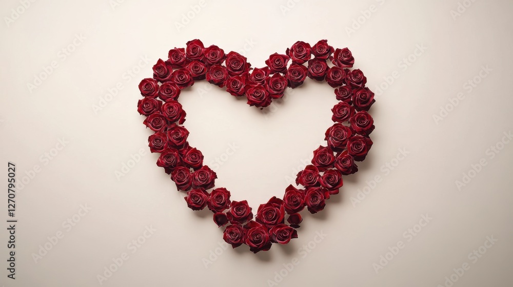 Red roses meticulously shaped into a heart, displayed on a smooth white background. Romantic and simple Red roses meticulously shaped into a heart, displayed on a smooth white background. Romantic and simple