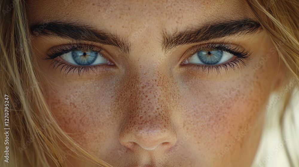 Close-Up of a Young Woman with Blue Eyes and Freckles in Natural Light Close-Up of a Young Woman with Blue Eyes and Freckles in Natural Light