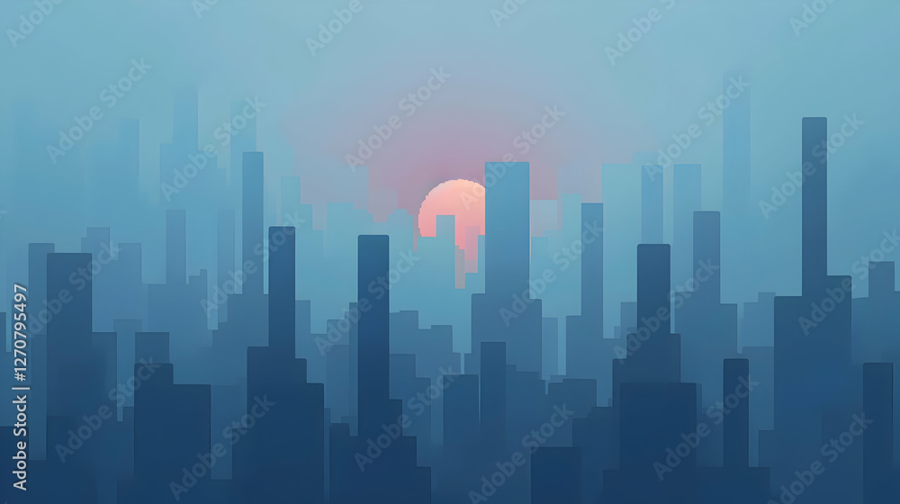 Abstract city skyline at sunset, with tall buildings silhouetted against a colorful sky Abstract city skyline at sunset, with tall buildings silhouetted against a colorful sky