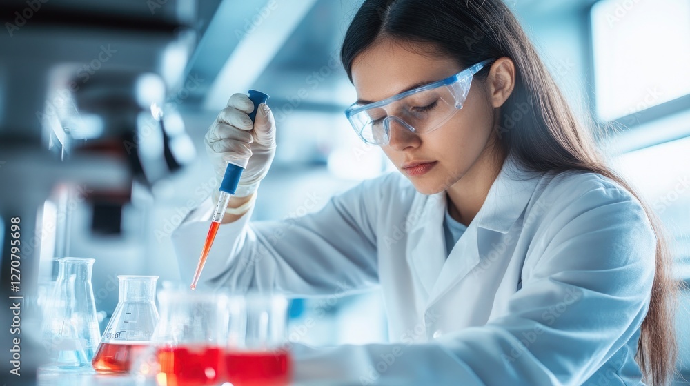 Scientist conducts lab research, using pipette, modern lab background Scientist conducts lab research, using pipette, modern lab background