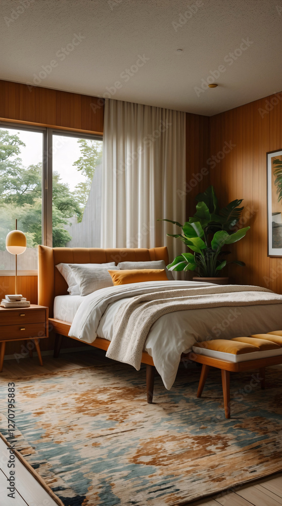 Fototapeta premium Relaxing mid century bedroom design with warm earthy walls beautiful artwork and an inviting view of trees outside the window Modern Interior design inspiration