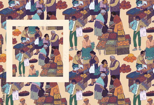Crowded city market seamless pattern. Men and women buy food, people sell vegetables, street flower market. Armenian lifestyle folk retro texture.