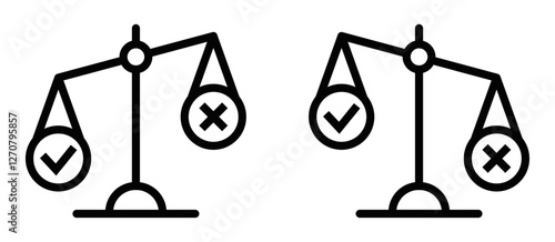 Unbalanced scale vector icon with check and cross. Editable stroke.