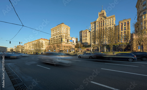 Khreschatyk street in Kyiv, Ukraine with motion blur traffic and no people