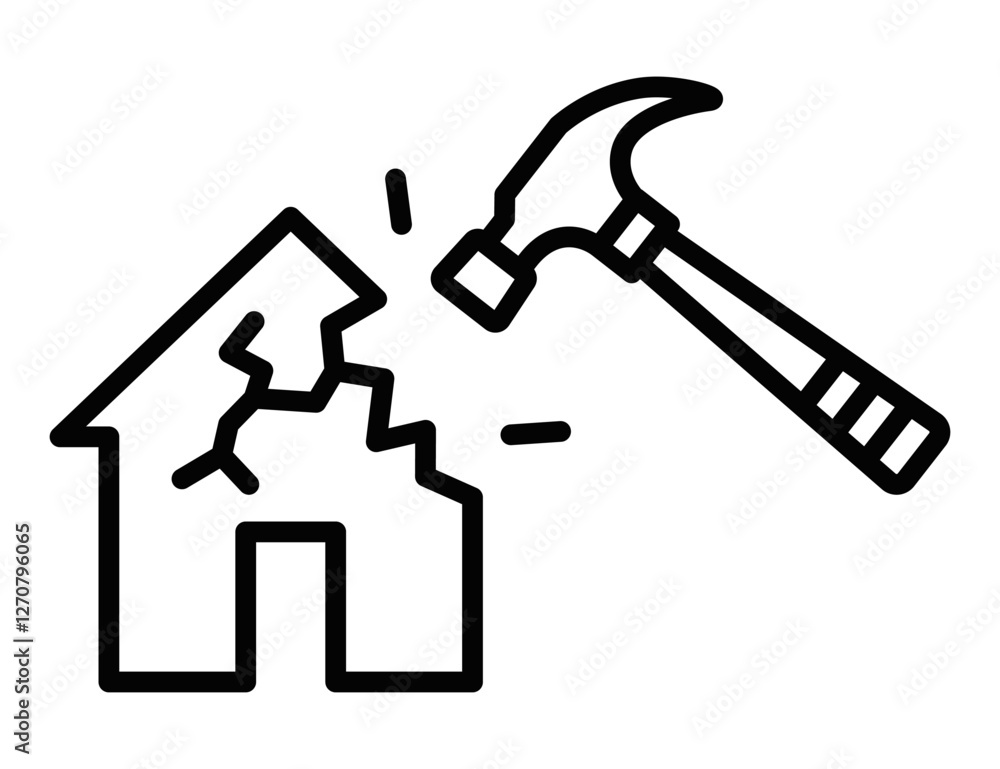 Damaged house vector icon with cracks and a repair hammer. Editable stroke. Damaged house vector icon with cracks and a repair hammer. Editable stroke.