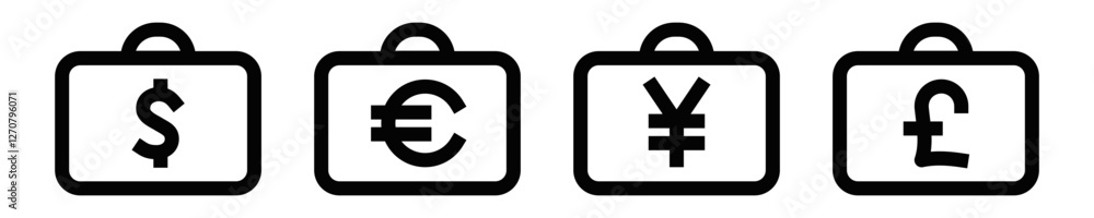 Obraz premium Briefcase vector icon with different currency symbols inside. Editable stroke.