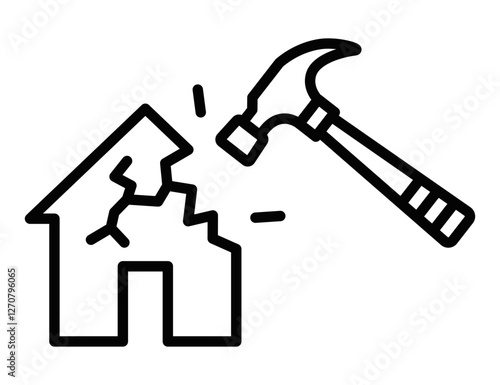 Damaged house vector icon with cracks and a repair hammer. Editable stroke.