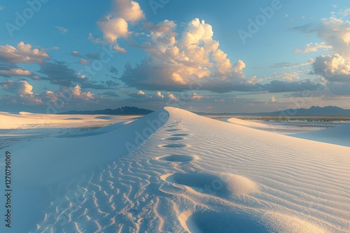 Fototapeta Naklejka Na Ścianę i Meble -  Pristine white sand dunes under pastel blue sky with dramatic clouds, soft shadows and textured ridges creating elegant patterns, distant mountains enhancing peaceful and surreal desert atmosphere.