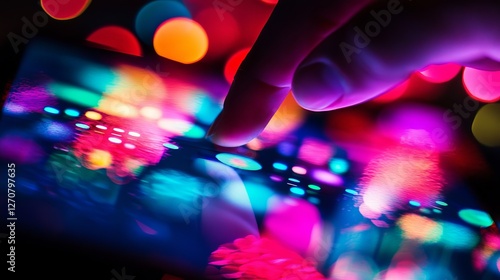 Person Adjusting Digital Interface Widgets with Colorful Lights in a Modern Workspace