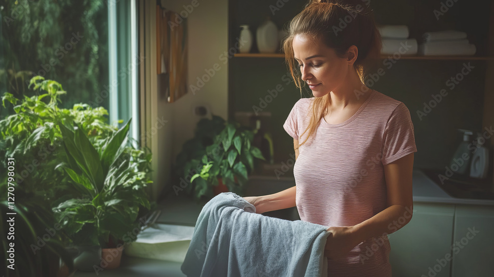 Mom Folding Laundry in Bright Room Surrounded by Houseplants and Natural Light Mom Folding Laundry in Bright Room Surrounded by Houseplants and Natural Light