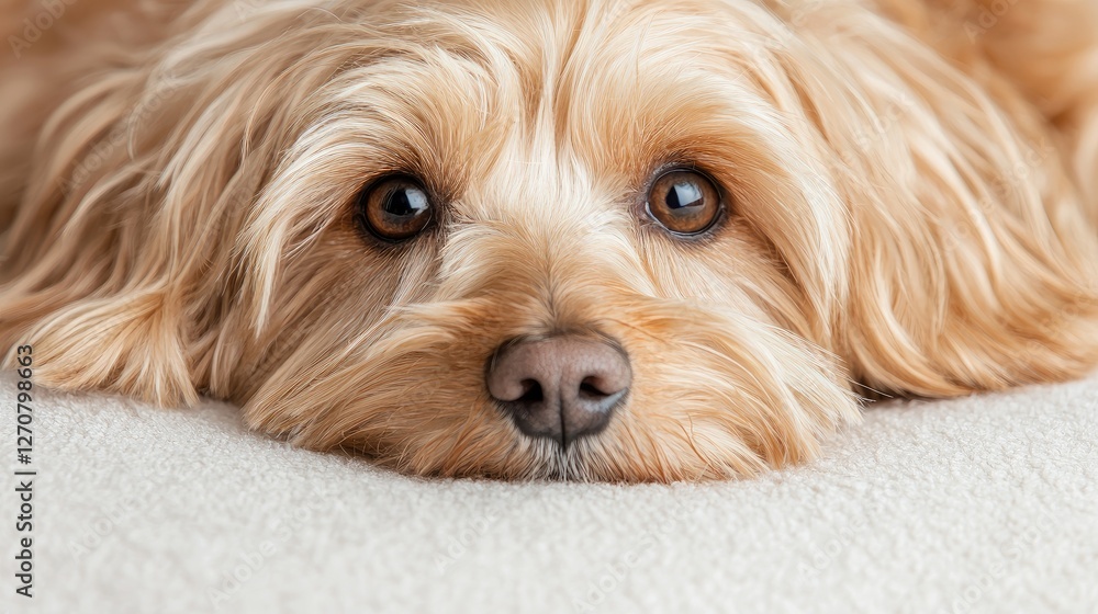 Close-up of a golden fluffy dog resting Close-up of a golden fluffy dog resting