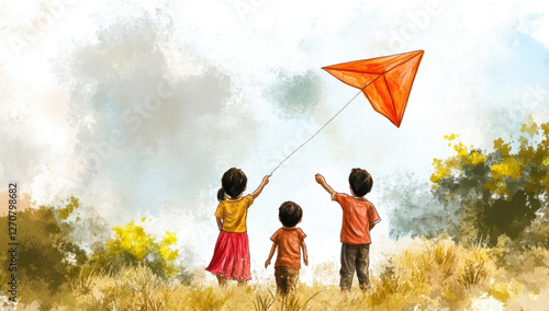 Three joyful children playing outdoors, flying a bright yellow kite, illustrated in a watercolor style with soft colors and expressive details