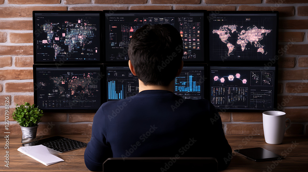 Person Analysing Data on Multiple Computer Screens in a Secure Operations Center Environment Setup Person Analysing Data on Multiple Computer Screens in a Secure Operations Center Environment Setup