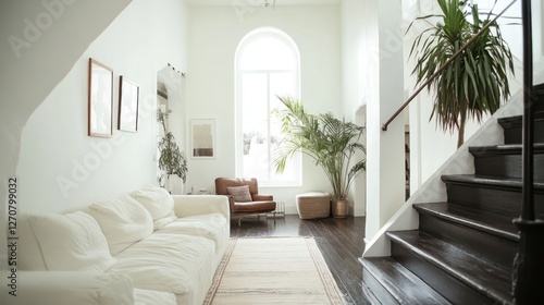 Bright airy living room with stairs, plants, and natural light. Ideal for home decor websites