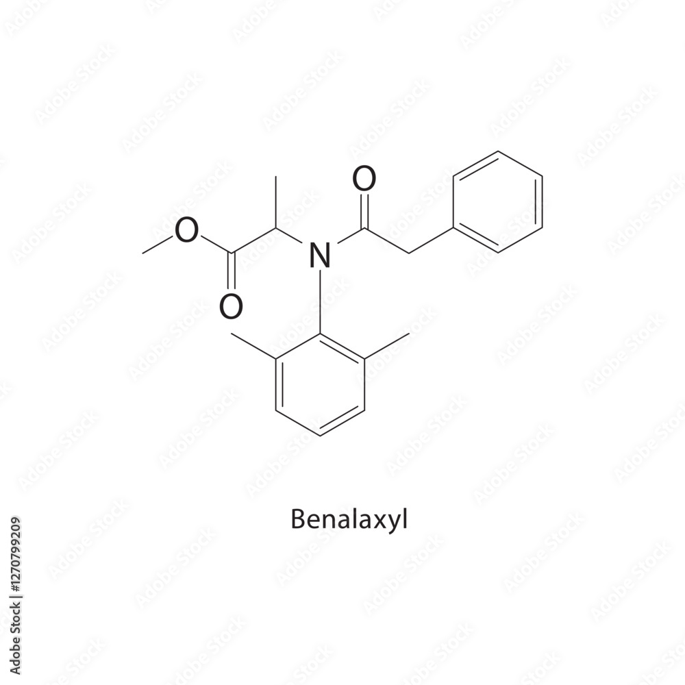 Benalaxyl skeletal structure.Fungicide compound schematic illustration. Simple diagram, chemical formula. Benalaxyl skeletal structure.Fungicide compound schematic illustration. Simple diagram, chemical formula.