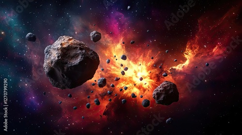 Asteroid impact concept. A stunning cosmic explosion with asteroids in deep space, showcasing vibrant colors. photo