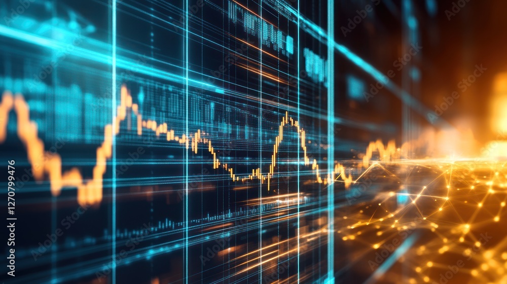 Stock market data displayed on digital screen, showing price fluctuations, network connections in background; for financial news Stock market data displayed on digital screen, showing price fluctuations, network connections in background; for financial news
