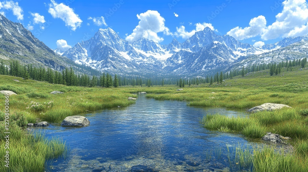 Serene River Flows Through Majestic Mountains Serene River Flows Through Majestic Mountains