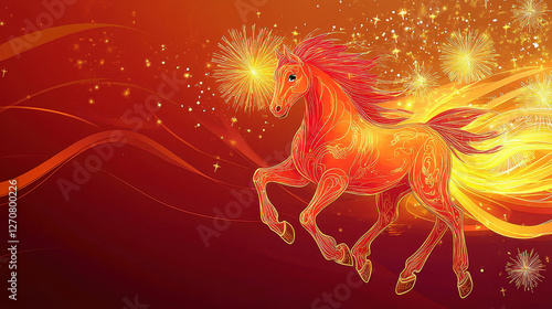 Fototapeta Naklejka Na Ścianę i Meble -  Red background, golden line drawing of a red horse with an orange mane and tail flying in the air