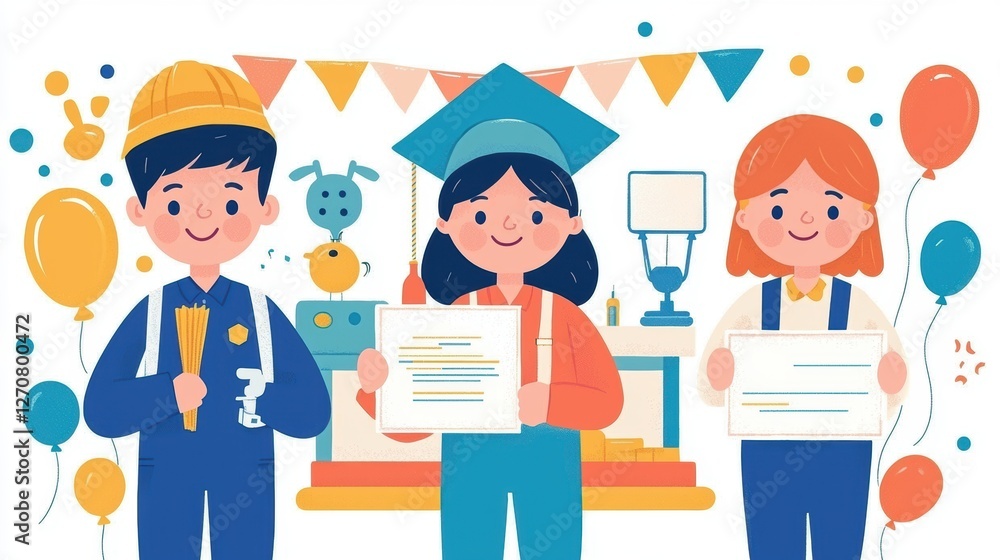 Vibrant graduation celebration for apprentice plumbers in a joyful workshop