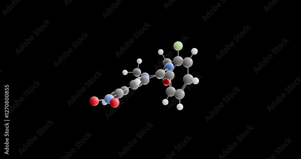 Flunitrazepam molecule, rotating 3D model of benzodiazepine, looped video on a black background