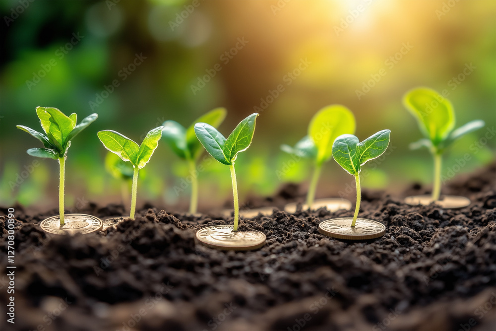 Seedlings growing on coins, symbolizing economic growth, investment, sustainability, and financial success in agriculture
Seedlings growing on coins, symbolizing economic growth, investment, sustainability, and financial success in agriculture