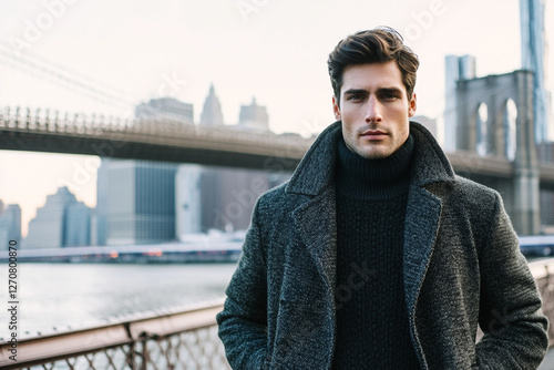 Man in stylish coat and sweater standing on bridge over river photo