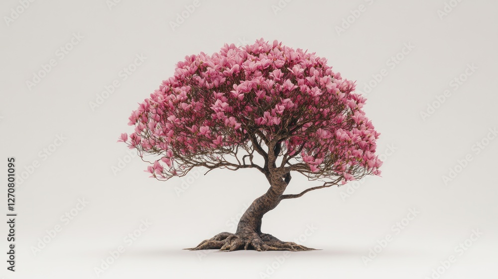 Obraz premium Pink bonsai tree, serene studio shot, minimalist background, nature tranquility, meditation imagery