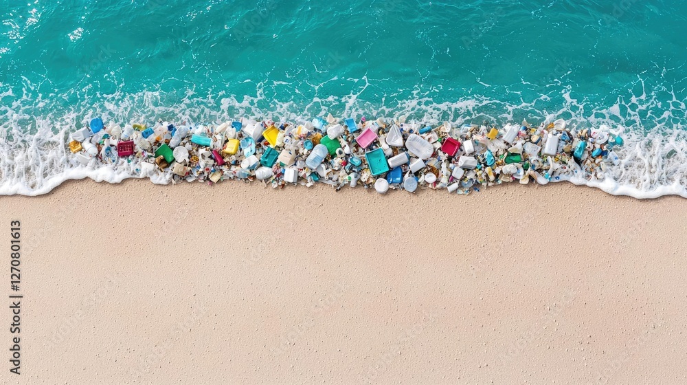 Plastic pollution concept. Colorful plastic waste on the beach highlights ocean pollution and environmental issues. Plastic pollution concept. Colorful plastic waste on the beach highlights ocean pollution and environmental issues.