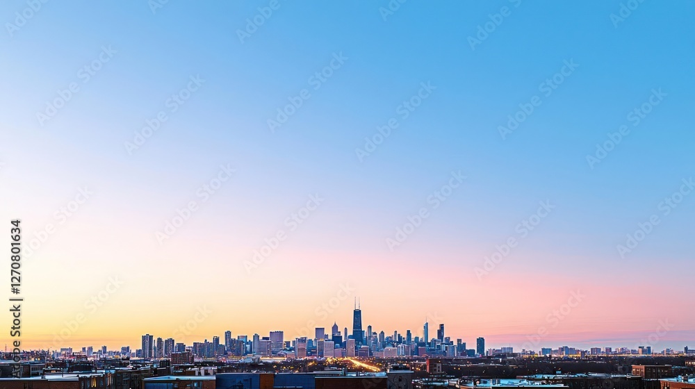 Fototapeta premium City Skyline at Sunset, Urban Landscape with Pink and Blue Sky
