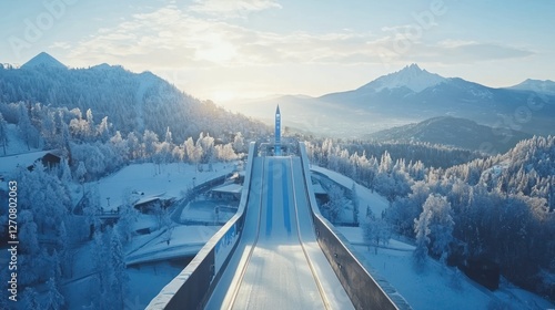 Ski jump, sunrise, snowy mountains, winter sports, aerial view
