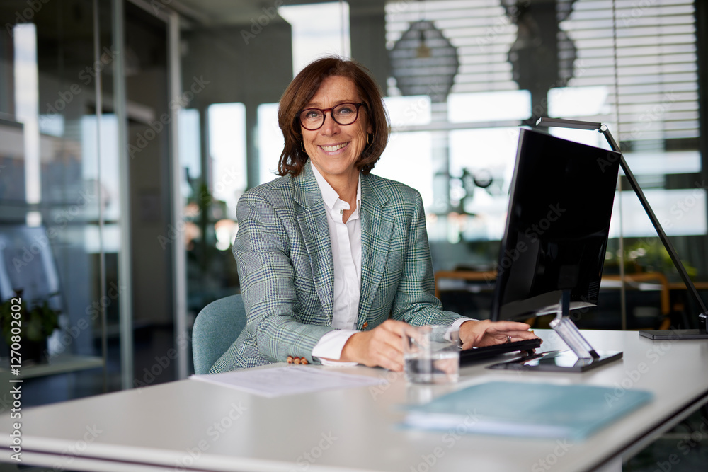 Smiling businesswoman working at desk in office Smiling businesswoman working at desk in office