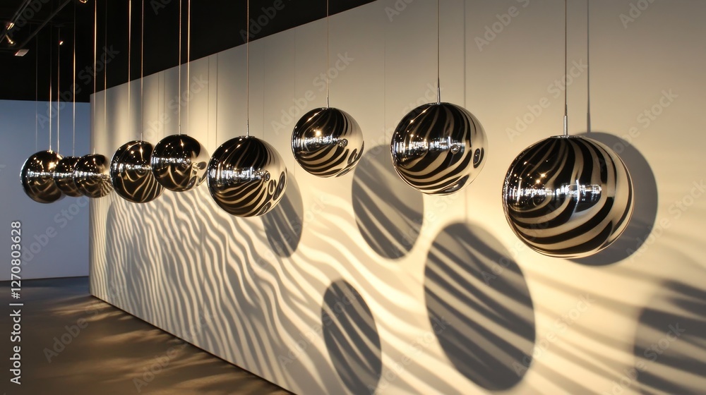 Fototapeta premium Sleek metallic orbs suspended in a modern gallery, casting intricate shadows on a white wall