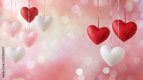 Valentine-themed card design with red, white, and pink hearts hanging from strings on a soft rose background. Ample space for text