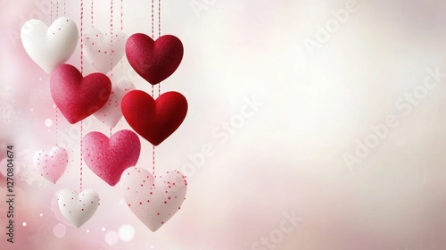Valentine-themed card design with red, white, and pink hearts hanging from strings on a soft rose background. Ample space for text