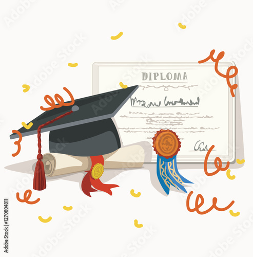 diplom roll and graduation hat with confetti cap school event essentials celebration finishing college university isolated on white background