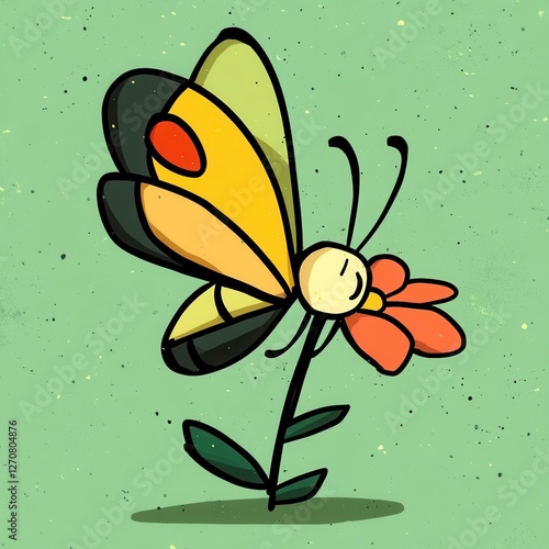 Minimalist Cartoon of a Butterfly Resting on an Orange Flower with Green Background