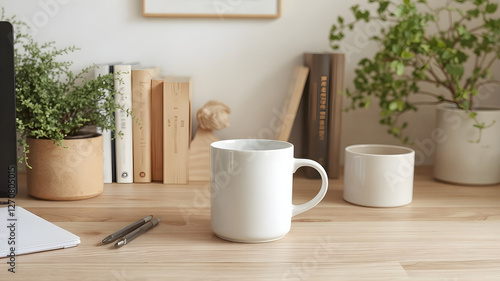 A cozy ceramic coffee mug mockup on a rustic wooden table, with a blurred café background. The blank space on the mug is perfect for custom branding, while steam rises gently from the hot beverage photo