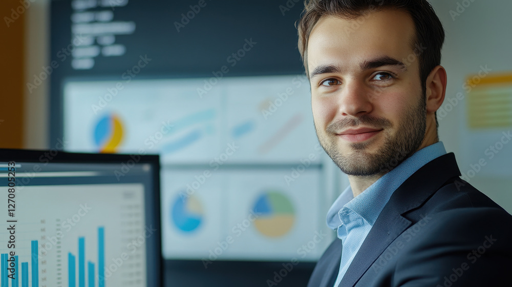 A young financial analyst with a background in financial charts A young financial analyst with a background in financial charts