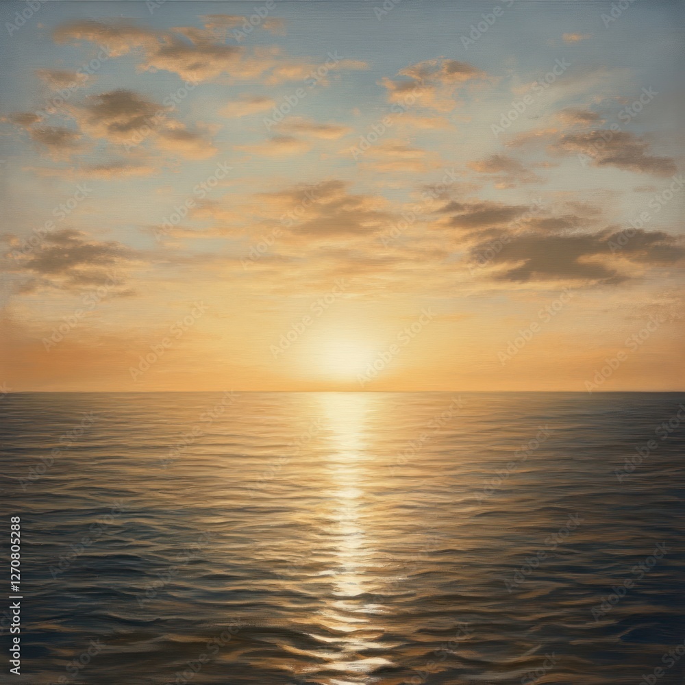 Obraz premium Ocean sunset, calm sea, golden sky, peaceful scene, travel background
