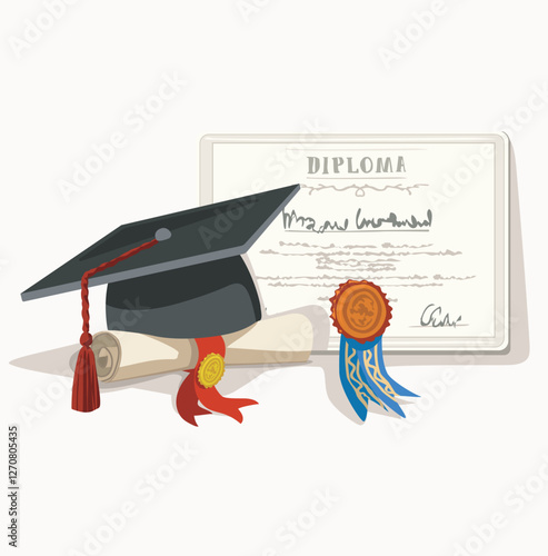 diplom roll and graduation hat cap school event essentials celebration finishing college university isolated on white background