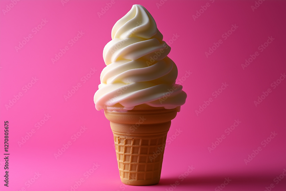 A refreshing ice cream cone set against a vibrant pink background A refreshing ice cream cone set against a vibrant pink background