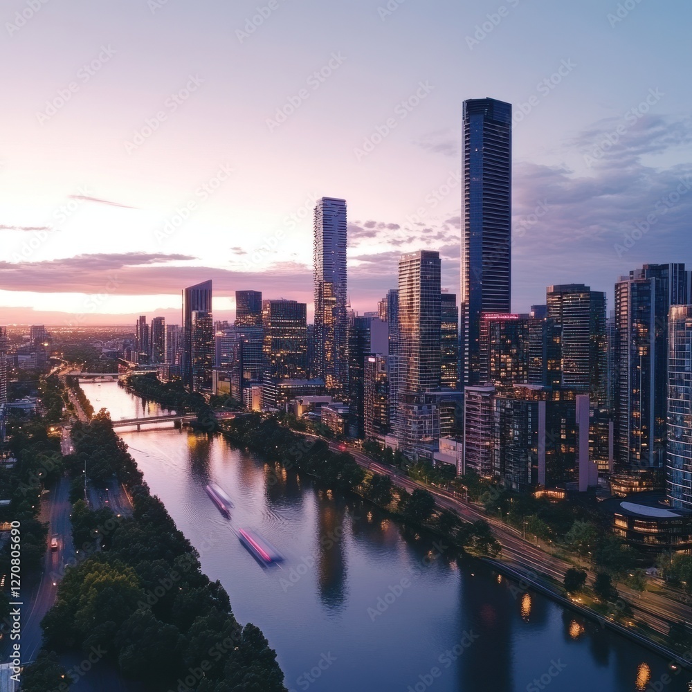 Obraz premium Cityscape sunrise, river, buildings, twilight, boats