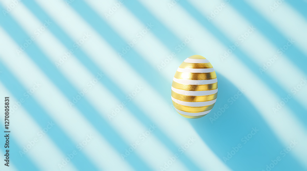 Golden striped egg casting shadows on a blue background during a bright afternoon light Golden striped egg casting shadows on a blue background during a bright afternoon light