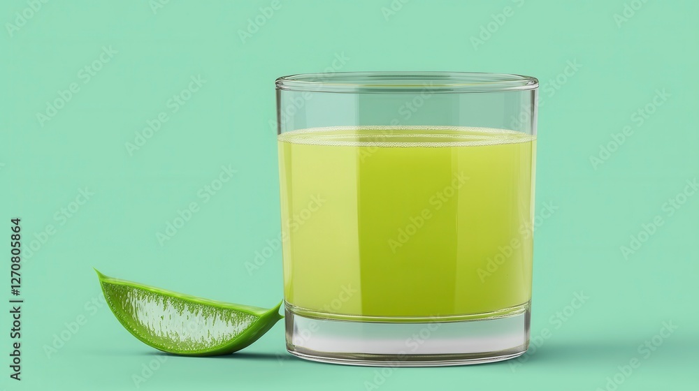 Minimalist Design of Glass Aloe Vera Juice with Slice on Aqua Background Minimalist Design of Glass Aloe Vera Juice with Slice on Aqua Background