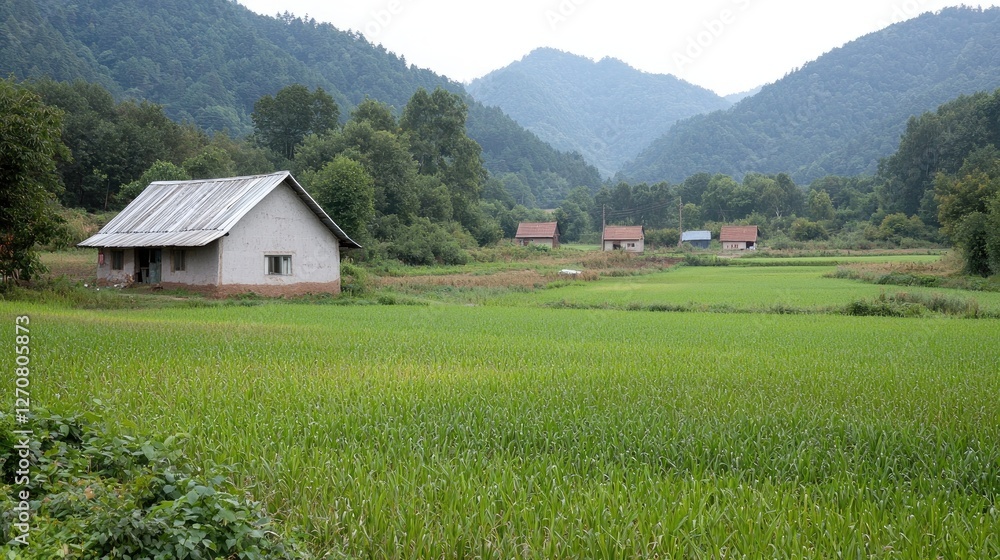 Rural Farmhouse in Green Rice Paddy Fields, Mountains Background. Possible stock photo use Countryside scenic landscape