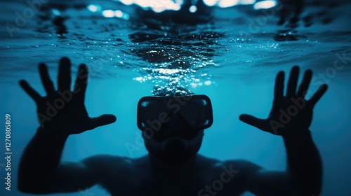 Diver exploring underwater with hands pressed against the surface