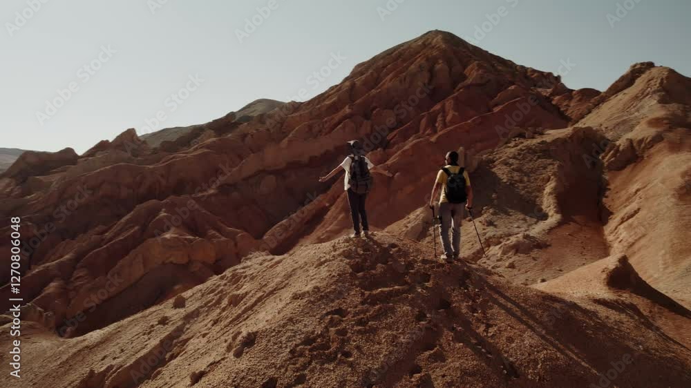 Couple of happy young hikers tourists with backpacks are standing at mountain top in desert area in winner poses. Camera flies around mountain top Couple of happy young hikers tourists with backpacks are standing at mountain top in desert area in winner poses. Camera flies around mountain top